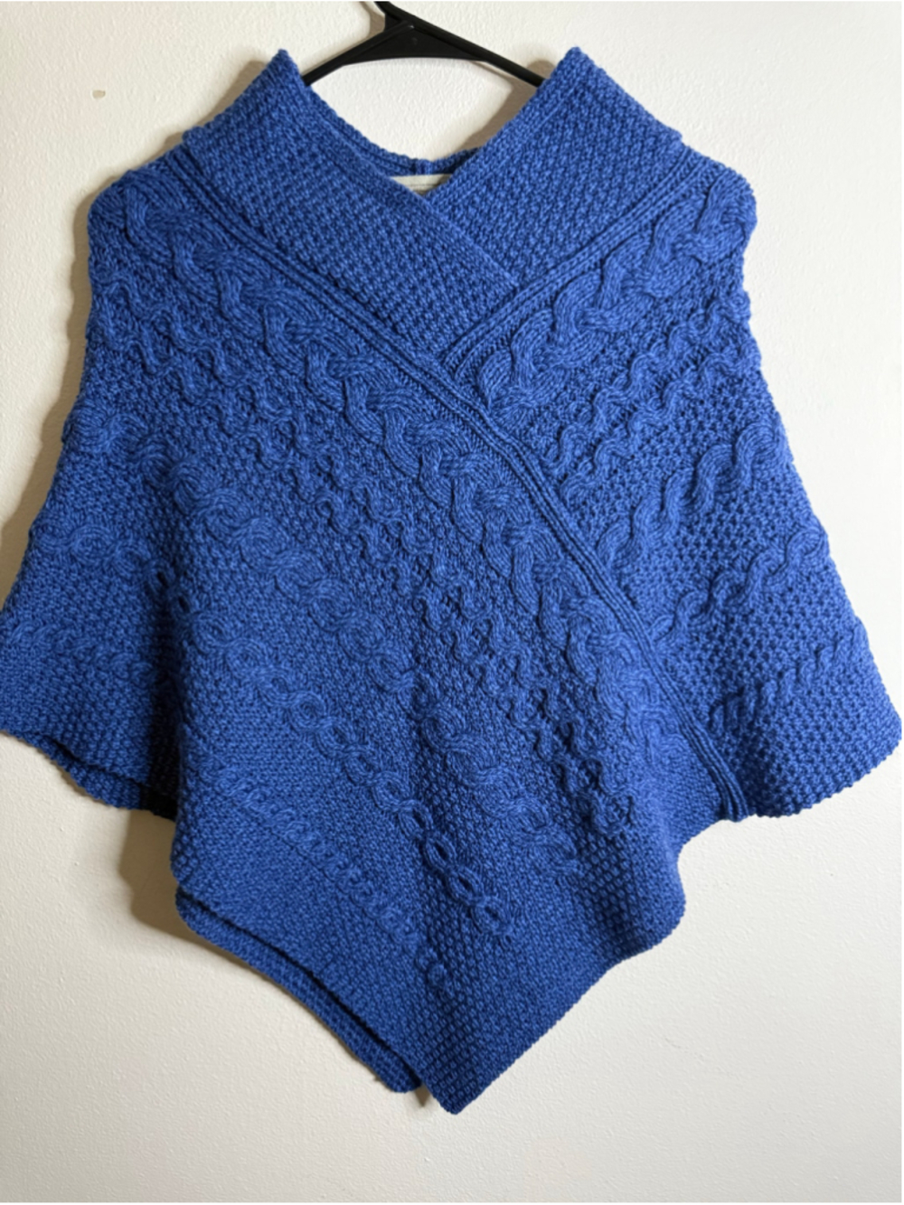 Women's Aran Sweater Market Cable Knit Poncho Blue One size